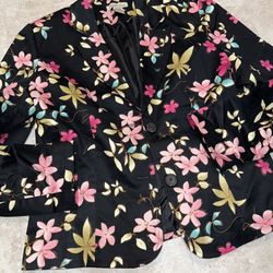 Notations Womens Black Floral Button Blazer Jacket Size L