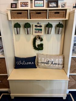 EAGER TO SELL ASAP! White Entryway Hall Tree w/Lift-Top Storage Bench, Baskets & Hooks!!