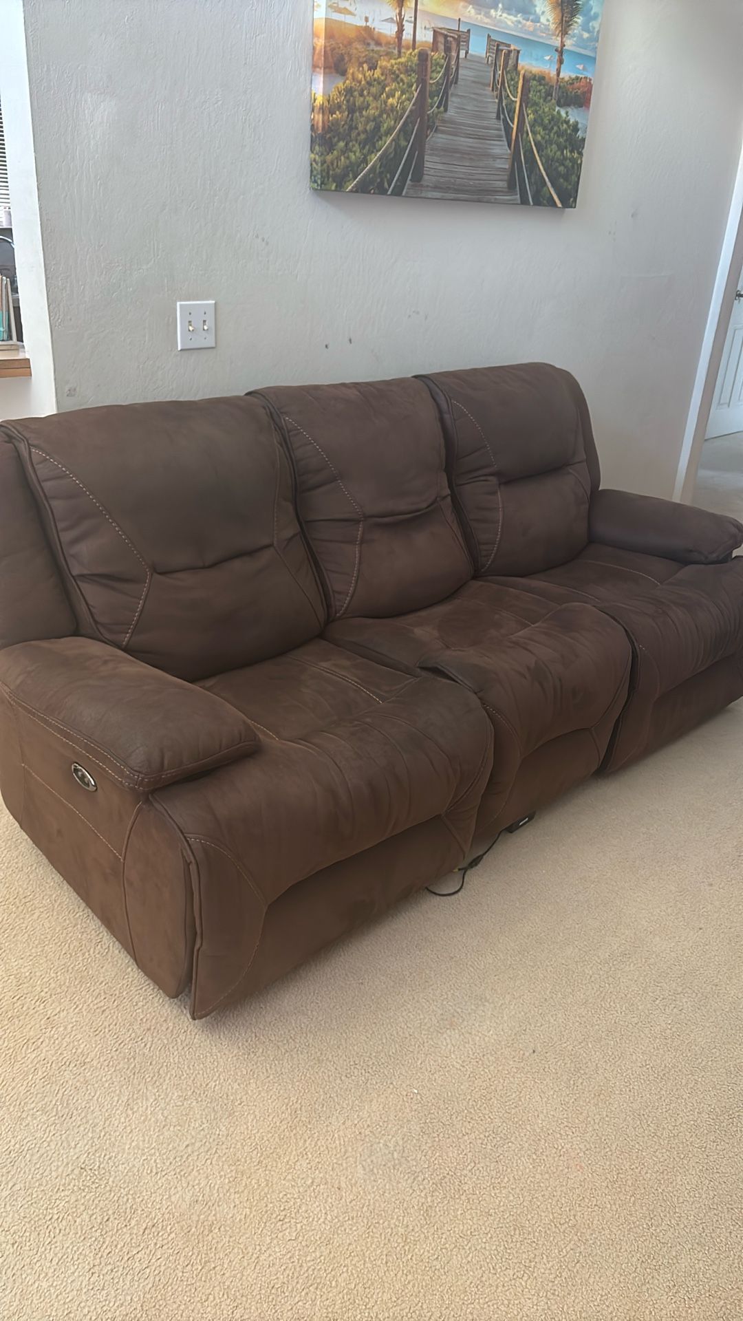 Living Spaces Brown Faux Suede Power Reclining Couch 