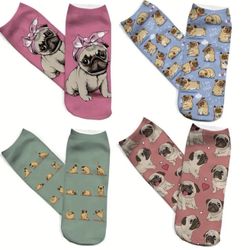 4 Pairs Cartoon Pug Low Cut Ankle Socks