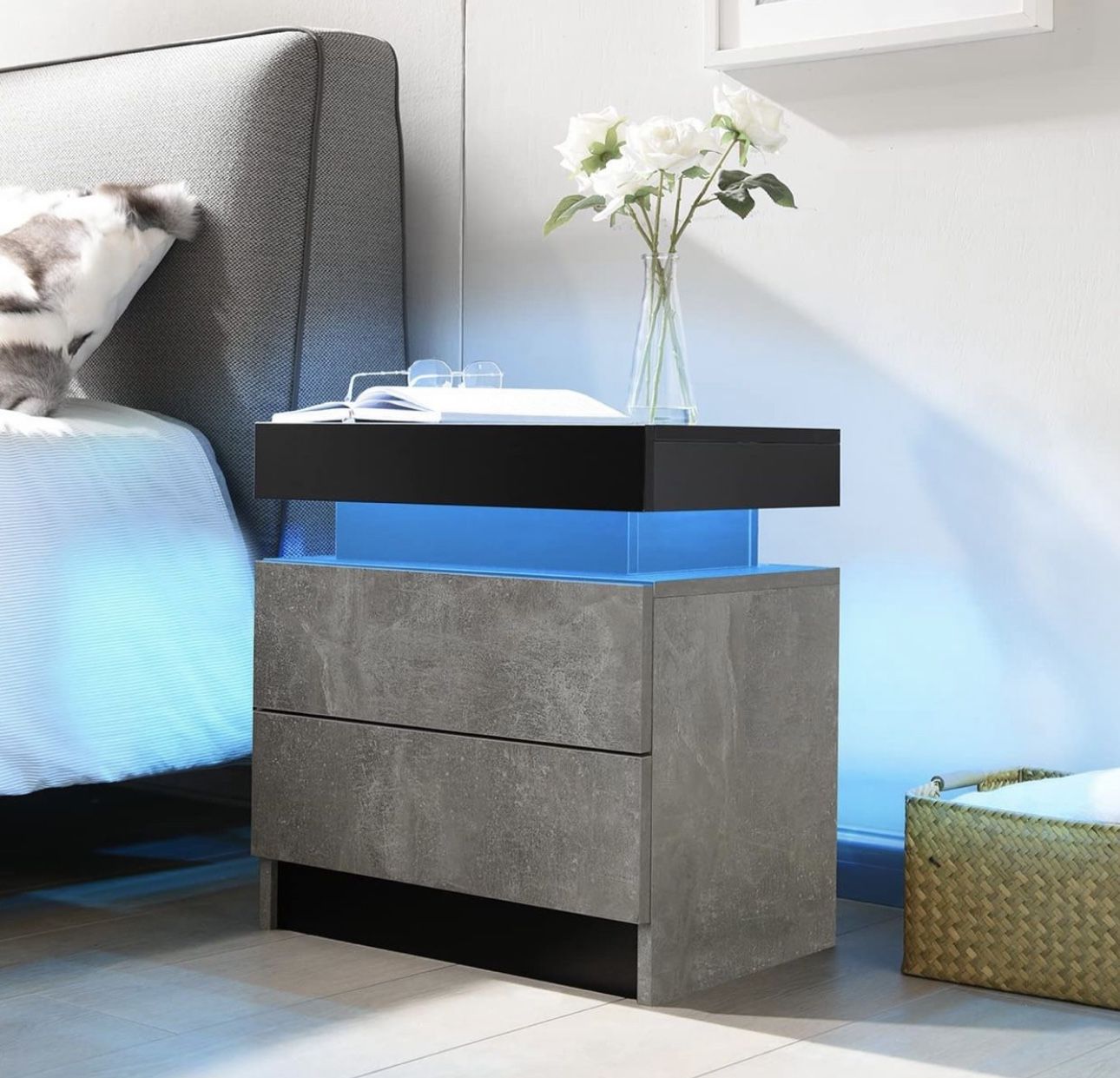 Bedside Table with 2 Drawers, LED Nightstand Wooden Cabinet Unit with LED Lights for Bedroom, End Table Side Table for Bedroom Living Room,