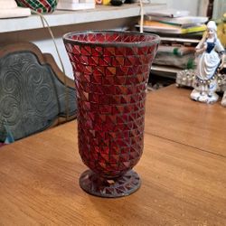 Lovely Red Mirrored Mosaic Hurricane Lamp Shaped Vase/Candle Holder 9"H X 5.25"W