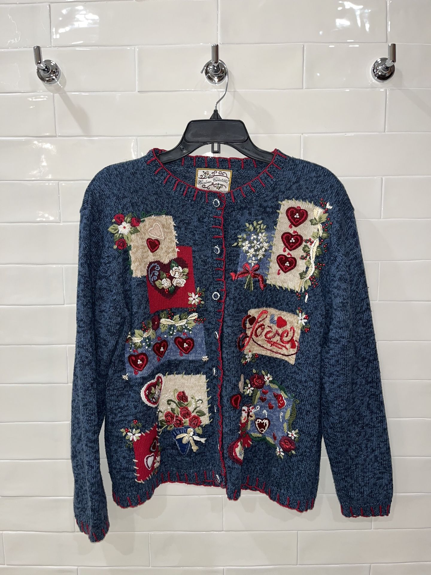 Retro Sweater Large Love Hearts Y2K Applique Embroidered Cardigan Valentines Day