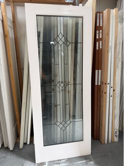 ⁠White Exterior Front Door Slab - Full Decorative Leaded Glass