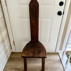 Spinning Chair Rustic High Back Throne Hand-Carved Brown Oak Solid Wood  VTG