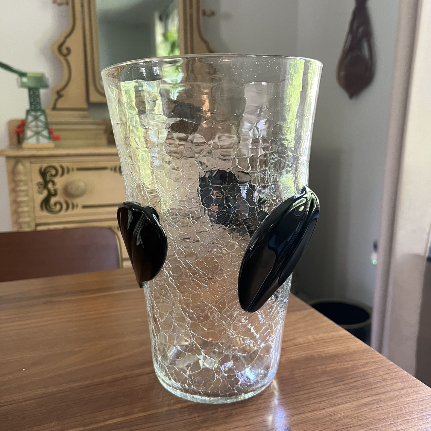 Vintage Blenko 366 Black Leaf 10” Crackle Glass Vase
