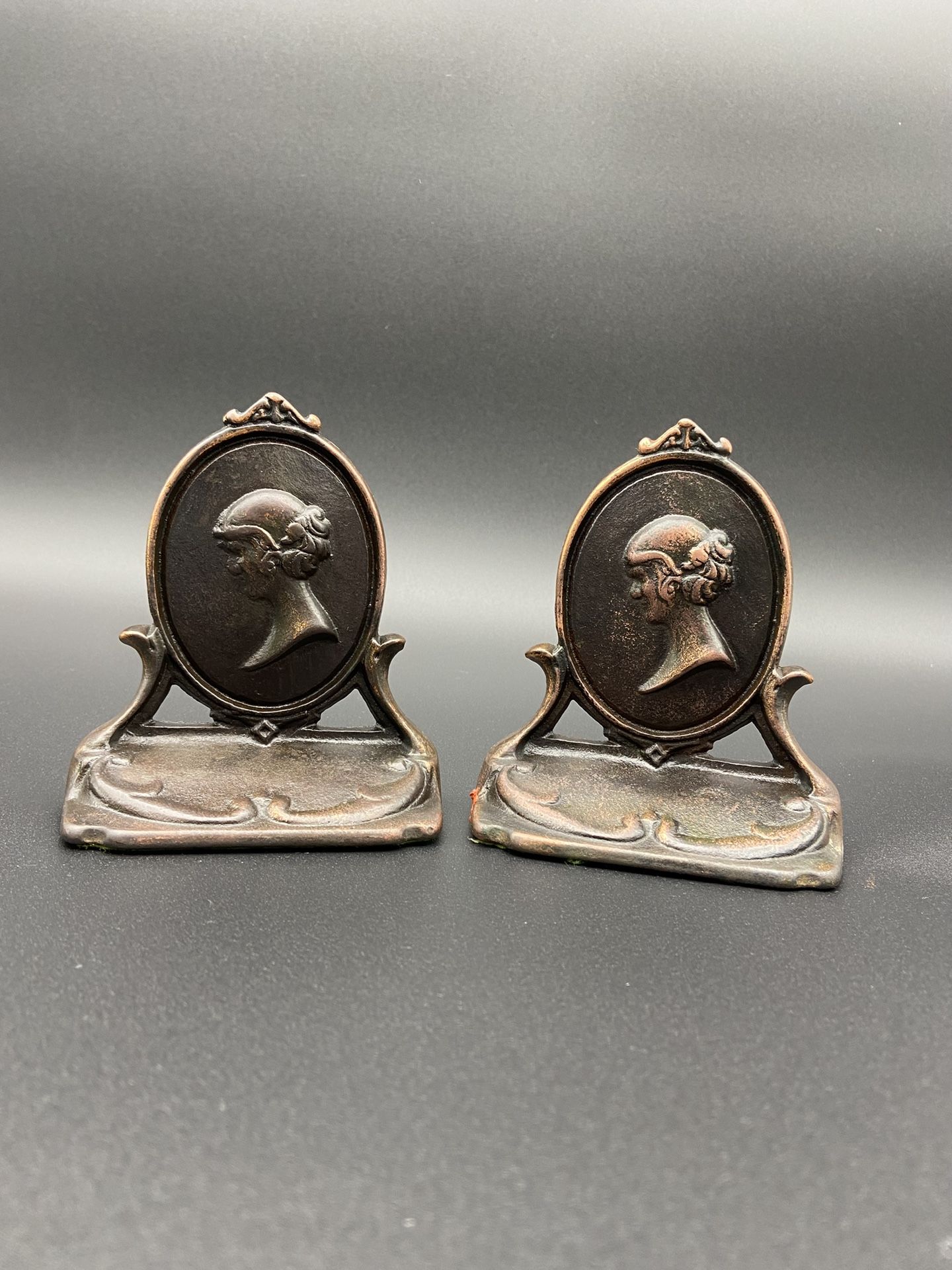 Antique Copper Cast Iron Pair Cameo Woman Girl Portrait Bust Bookends 1(contact info removed)