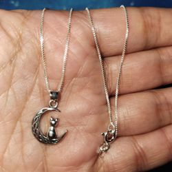 New Sterling Silver Cat Moon 16in Necklace 