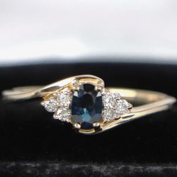 14K Yellow Gold Blue Sapphire Round Diamond Ring Band 6