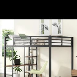 Full Size Loft Bed With Desk For Kids,Heavy Duty Metal Loft Bed With Storage Shelves,Metal Frame Loft Bed Full For Teens Adults,Space-Saving,Black