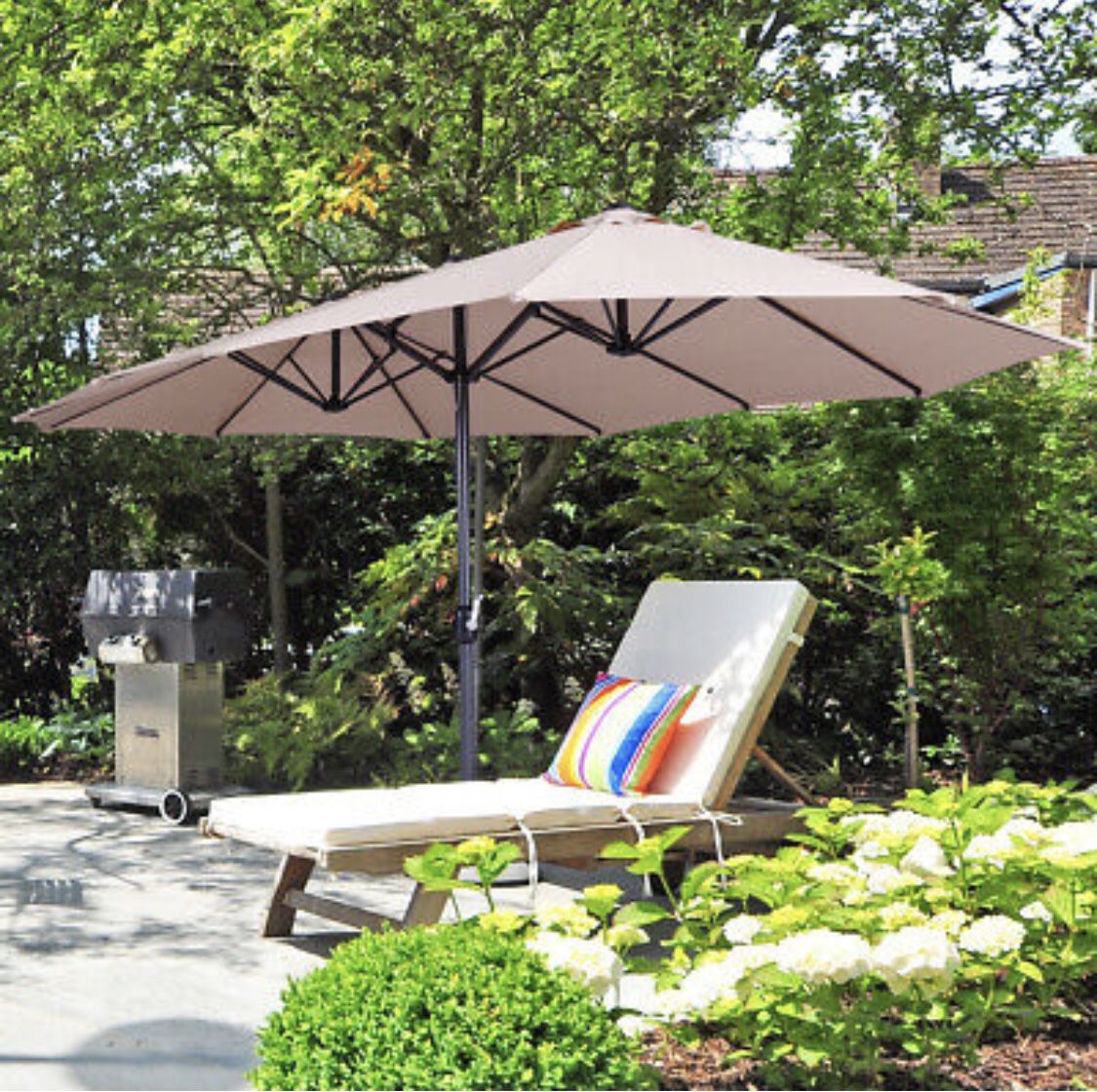 15ft Sun Shade Patio Iron Market Umbrella UV20+ Outdoor Cafe Garden Beach Khaki * new in box*