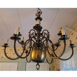 Flemish Dutch Chandelier 12 Arm Lights Brass Belgian Nautical Sea Monster Fish