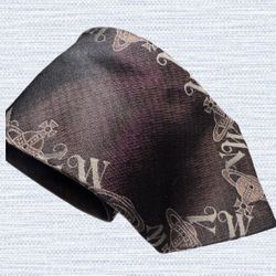 Vivienne Westwood Italy 2000s Charcoal Brown Silk Tie With Orb Logo Pattern NWT