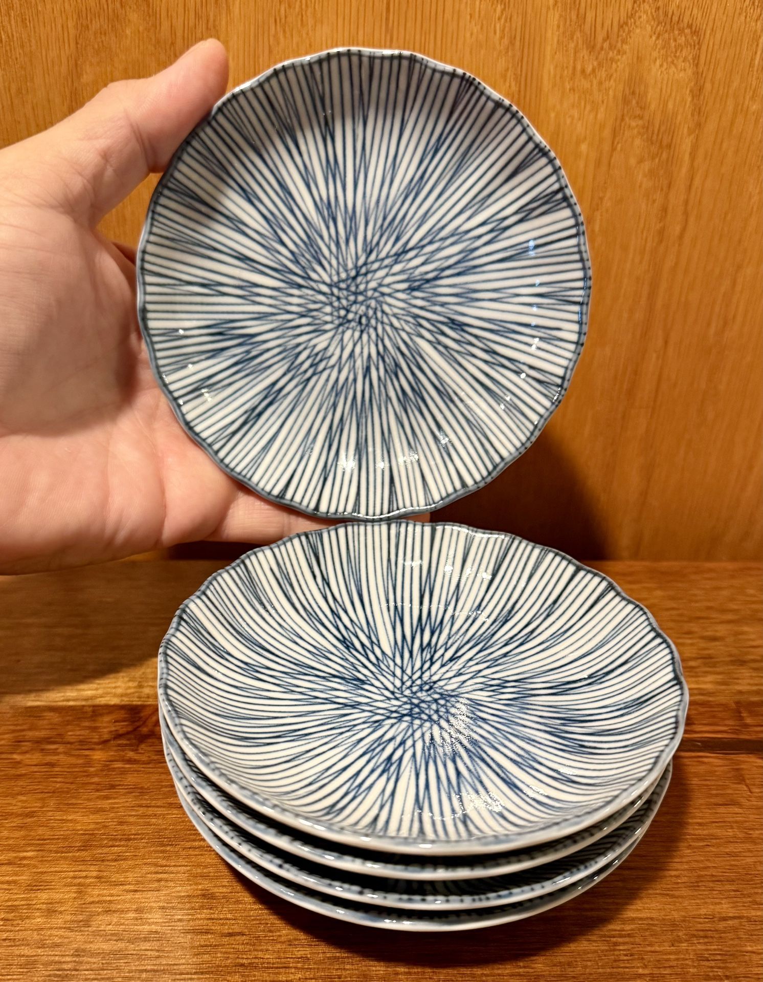 Set 5 Japanese Fukagawa Tokusa Arita Kozara Hosojuso Blue Scalloped Plate Dish