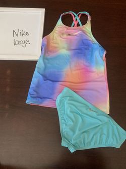 Nike girls 2 piece swimsuit large 12 rainbow ombré