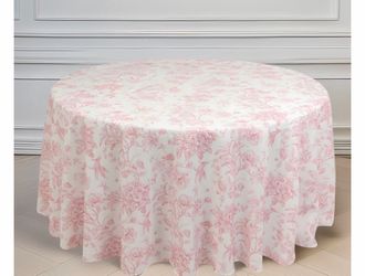 Polyester Round Tablecloth 120" White with Pink French Toile Pattern Great For Weddings and Events