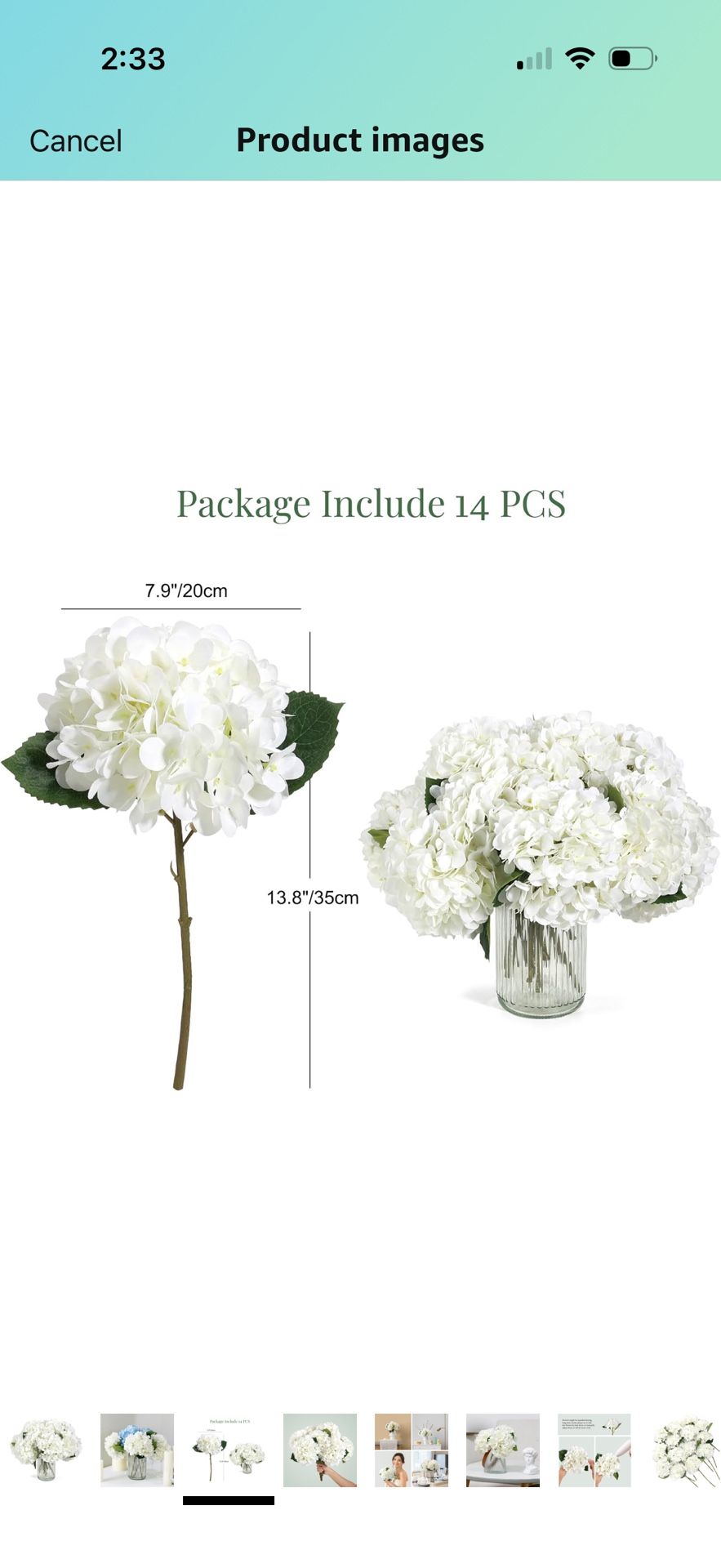 Auihiay 14 PCS White Hydrangea Artificial Flowers Bouquets, Large Artificial Hydrangea Flowers with Stems and Leaves, Silk Hydrangea Bouquets for Home