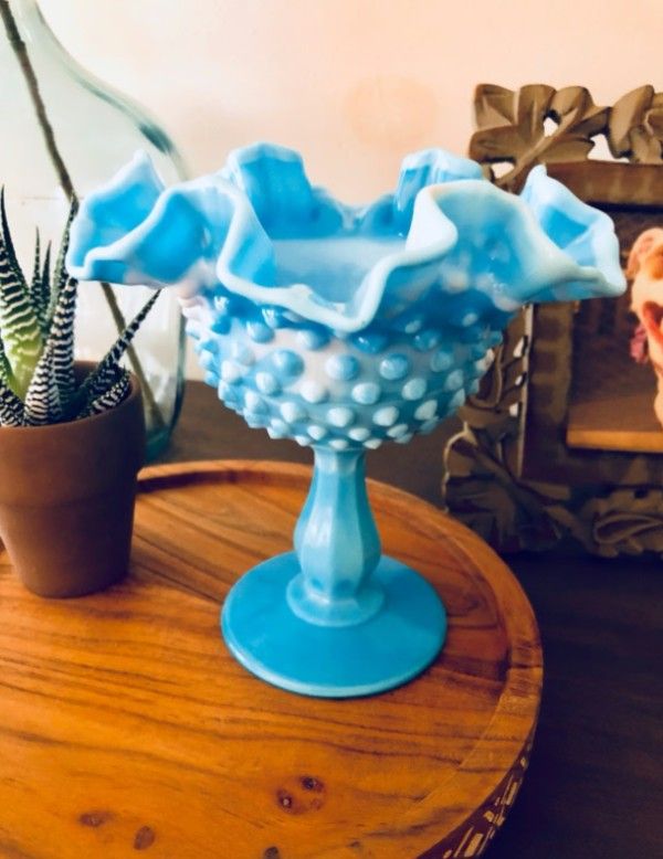 Vintage Blue Hobnail Milk Glass Dish
