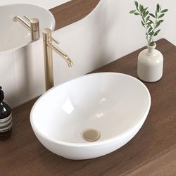 KES Bathroom Vessel Sink, Bowl Sink White Vessel Sink Oval Bathroom Sink 16" x 13" Countertop Modern Egg Shape Above Counter Bathroom Vanity Sink Bowl