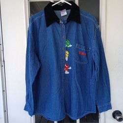 Vintage M&M Candy Denim Shirt By Freeze Embroidered Corduroy Collar 90s Size L