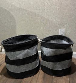 Set of 2 Gray Striped Fabric Storage Baskets – Large & Medium – With Handles