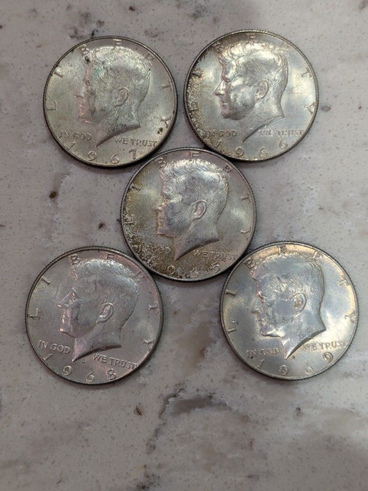 Five Kennedy Silver Half Dollars