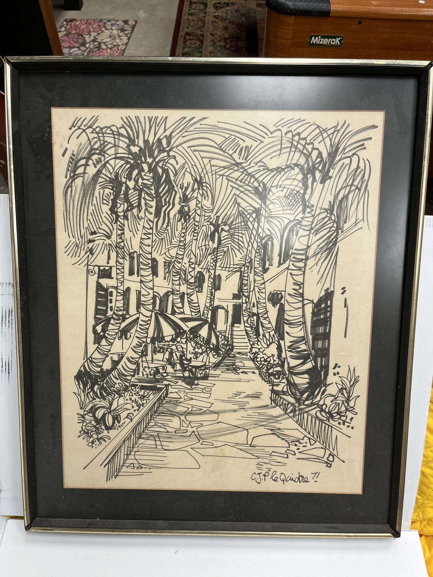 C.J.P Le Quirdre Framed Ink Palm Tree Art