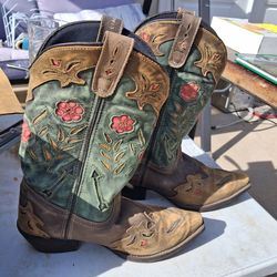 Laredo Miss Kate Western Boots (Model 52138), which feature distressed brown leather, a colorful floral-embroidered shaft, and a snip toe.