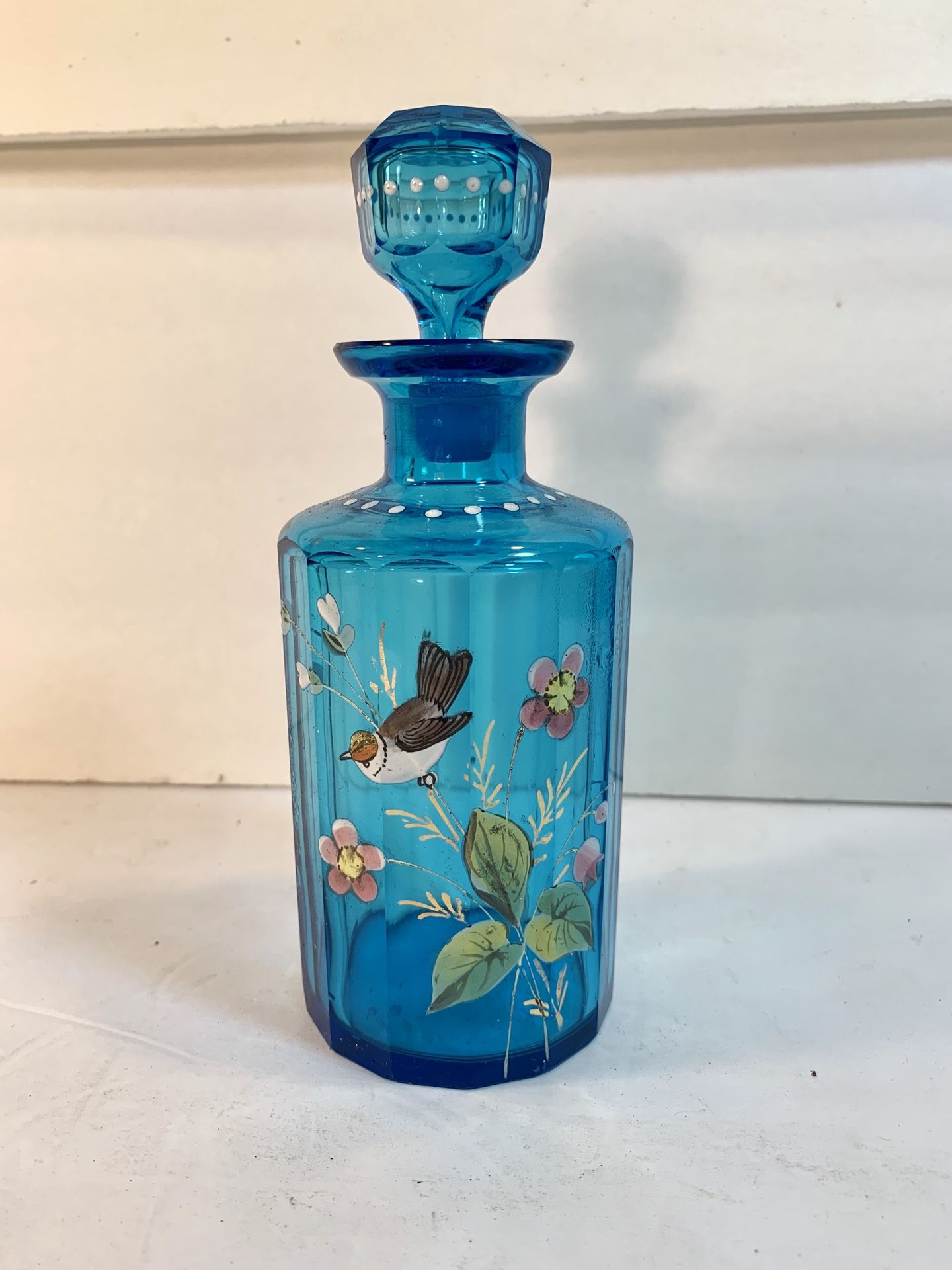 VICTORIAN GLASS Vintage Paneled Bird/Floral Handpainted Handblown Glass Bottle (Height: 7”)