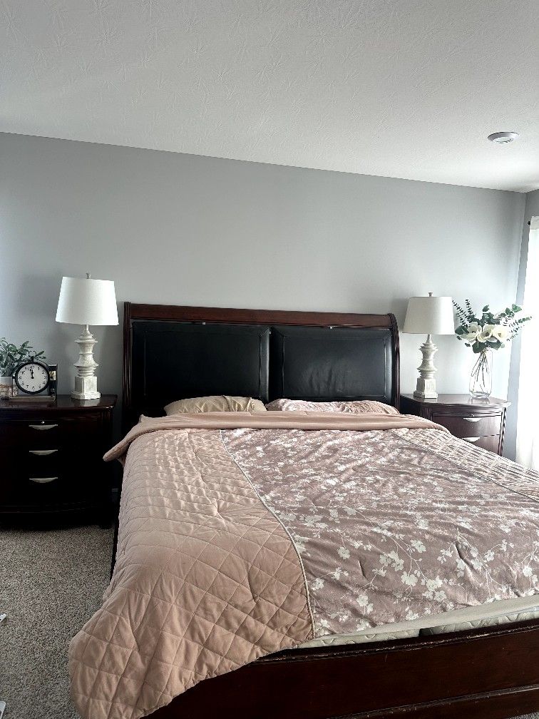 Bed Frame With Headboard (King), 2 Night tables, and a Dresser