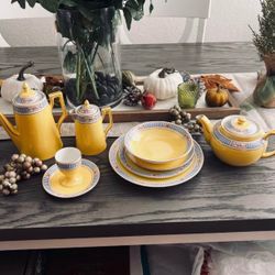 🌼 Antique 8 pc Victoria Czechoslovakia Yellow & Blue Breakfast China #290