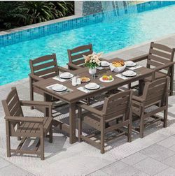 ❤️‍🔥 7 Pcs Outdoor Dining Set, 1 Umbrella Hole Table & 6 Chairs, Coffee $449