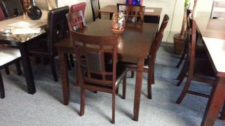 Brand new dark cherry dining table (48"x30"x30"H) + 4 brown faux leather chairs