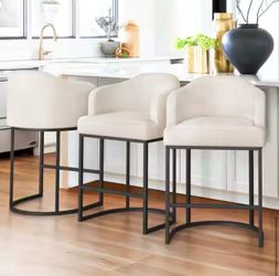 Set Of 3 Crystal Ivory 26 in. Counter Height Faux Leather Upholstered Bar Stool Kitchen Island Stool With Metal Frame