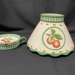 2 pc Set Green Checker Country Apple Cherry Candle Holder & Chimney Lid Topper Shade Fruit Decor 