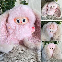Custom Handmade Labubu Monster Figure – pink with tan bunny  pendant