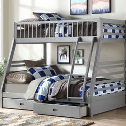 Brand New Gray Wood Twin/Full Bunk Bed with Storage Drawers