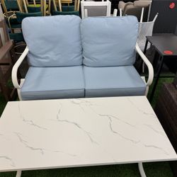 Sofá biplaza de metal para patio con cojín impermeable extra grueso de 5.75 pulgadas, asiento profundo de 2 plazas y respaldo alto, sofá blanco para e