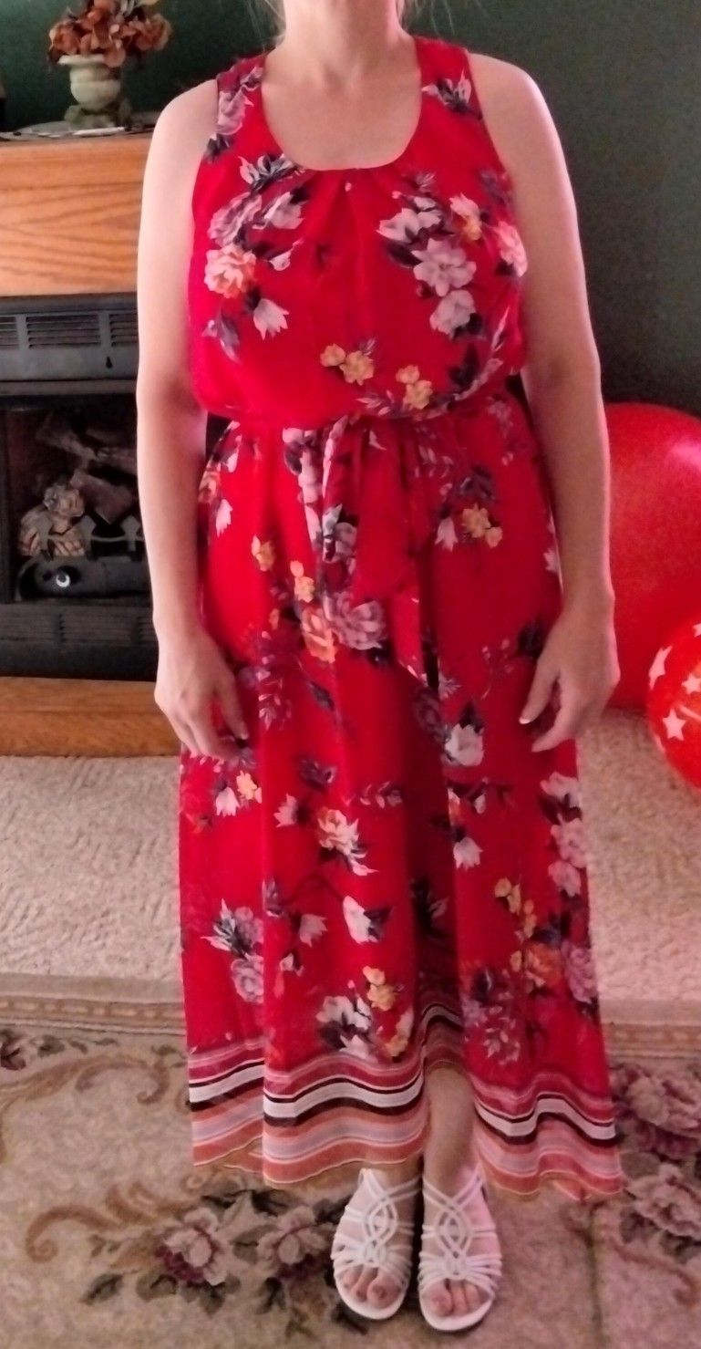 Red Floral Sleeveless Dress With Matching Waist Tie