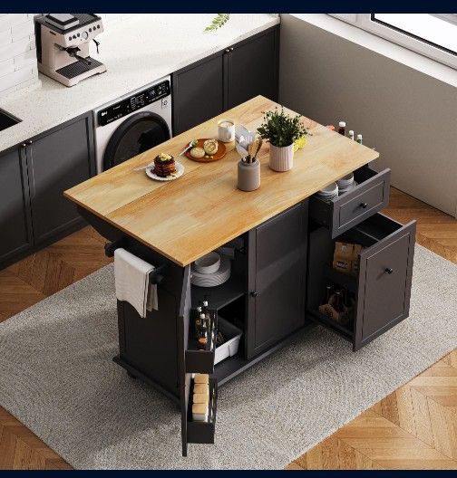 Kitchen Island with Drop Leaf, 53.9 Width Rolling Kitchen Cart on Wheels with Internal Storage Rack and 3 Tier Pull Out Cabinet Organizer, Kitchen Sto