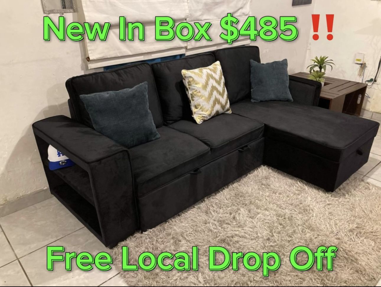 Sectional Couch 🛋️ Free Local Drop Off New In Box 📦 USB port ✅  Pull out bed ✅  Reversible L✅  Side pocket ✅  Storage underneath ✅  Shelves ✅