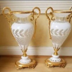 italian handcut Crystal and bronze set of vases tall: 19"