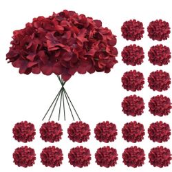 Cherica 20 Pcs Dark Red Hydrangea Artificial Flowers Bulk, Faux Hydrangea Flowers Heads, Artificial Fake Silk Hydrangea Flowers With Stems, Red Flower