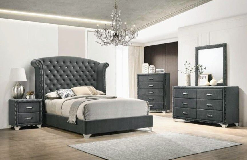 GREY VELVET QUEEN BEDROOM SET FOUR PIECE