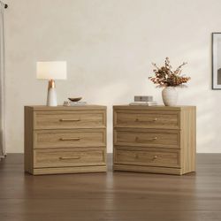 SiCOTAS 30" Nightstand Set of 2, with 3 Drawers for Bedroom Wide Oversized Modern Bedside Tables, Extra Large Side End Table for Sofa Couch，Brown oak