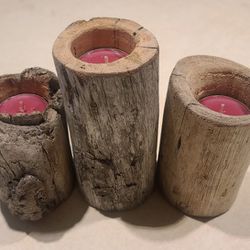 Handmade Set Of 3 Beach Wood Candle Holders