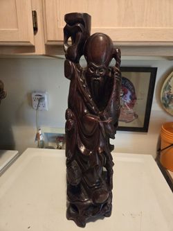 Large Hand Carved Asian God Sculpture Drilled For Lamp Set Up.