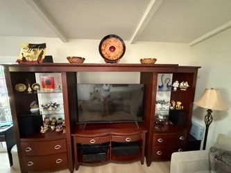 SOLID WOOD ENTERTAINMENT CENTER CABINET WITH LIGHTS