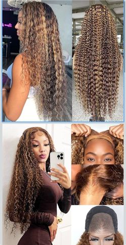🔥Brand new🔥 P4/27 Honey Blonde Ombre Highlight Deep Wave Wear and Go Guleless Wig Human Hair Precut Lace 5×5 Deep Curly Closure Wig 180 Density HD L