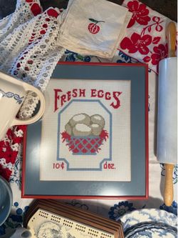 Framed Fresh Eggs Needlepoint farmhouse, cottagecore, and grandmillennial decor style